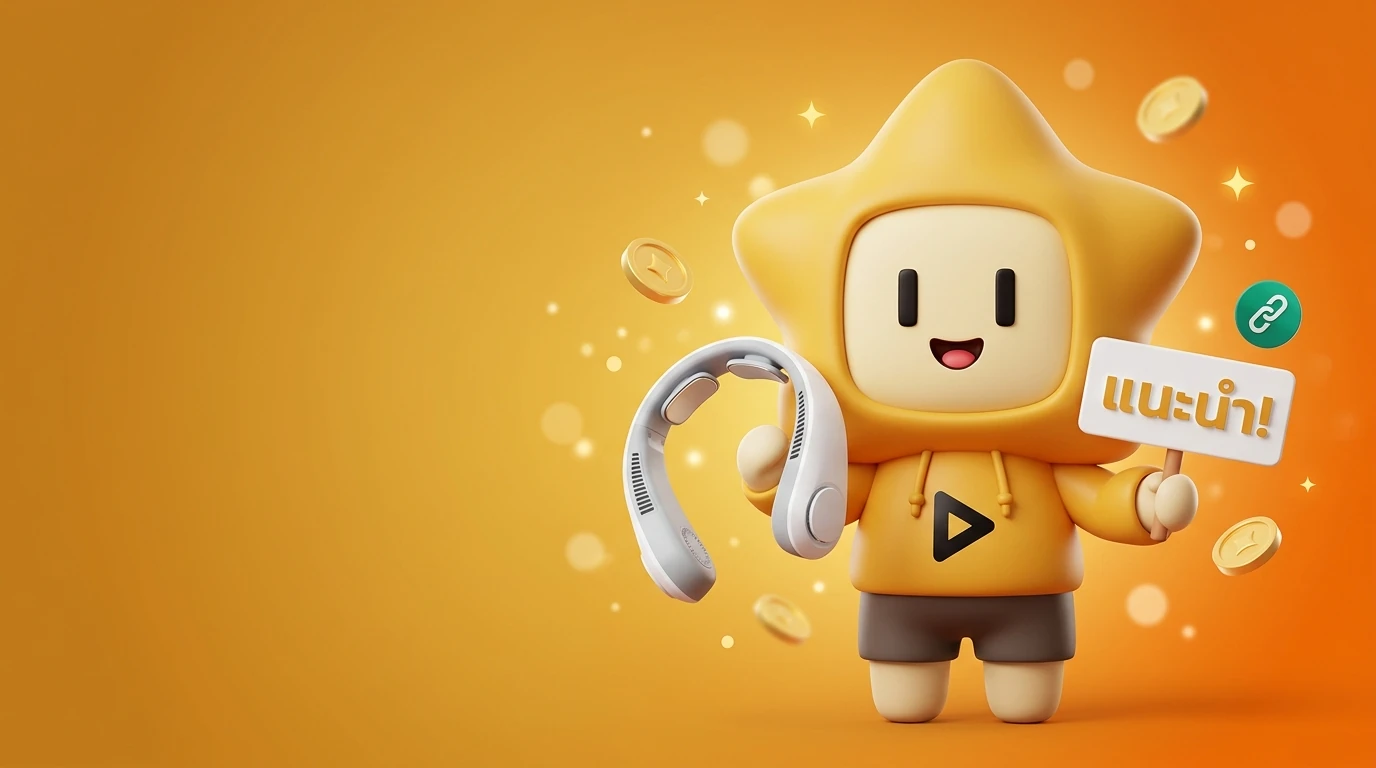 Nong D-Jing mascot holding the Arctic AI Neck Cooler Pro with a big smile and "Recommended" sign