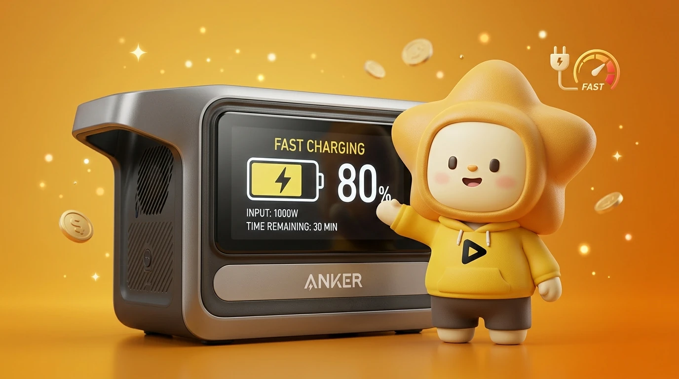 Close-up of Anker Solix C1000 Gen 2 with its LCD display showing fast charging status