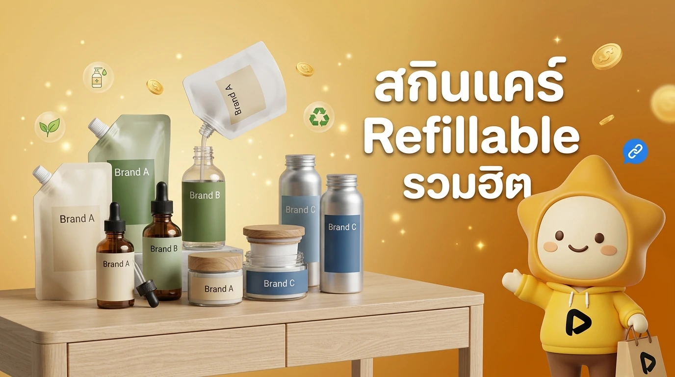 A collection photo of various refillable skincare products