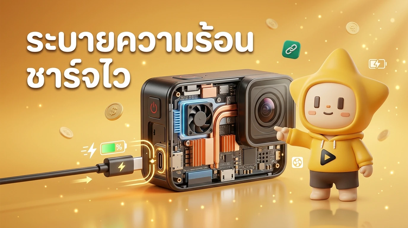 Infographic showing the internal cooling system of a 2026 action camera and its fast-charging capabilities