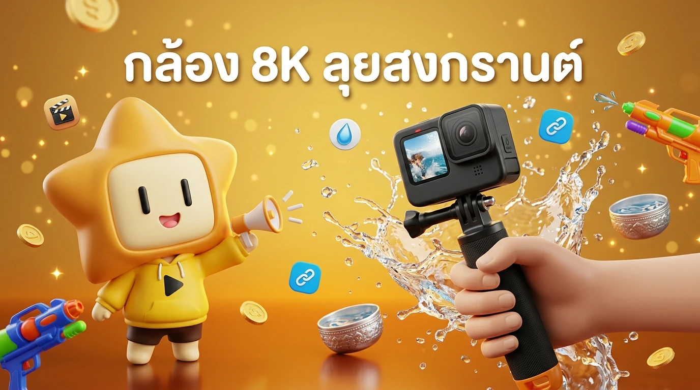 Professional content creator filming Songkran festival with a high-end 8K action camera, water splashing around, vibrant colors
