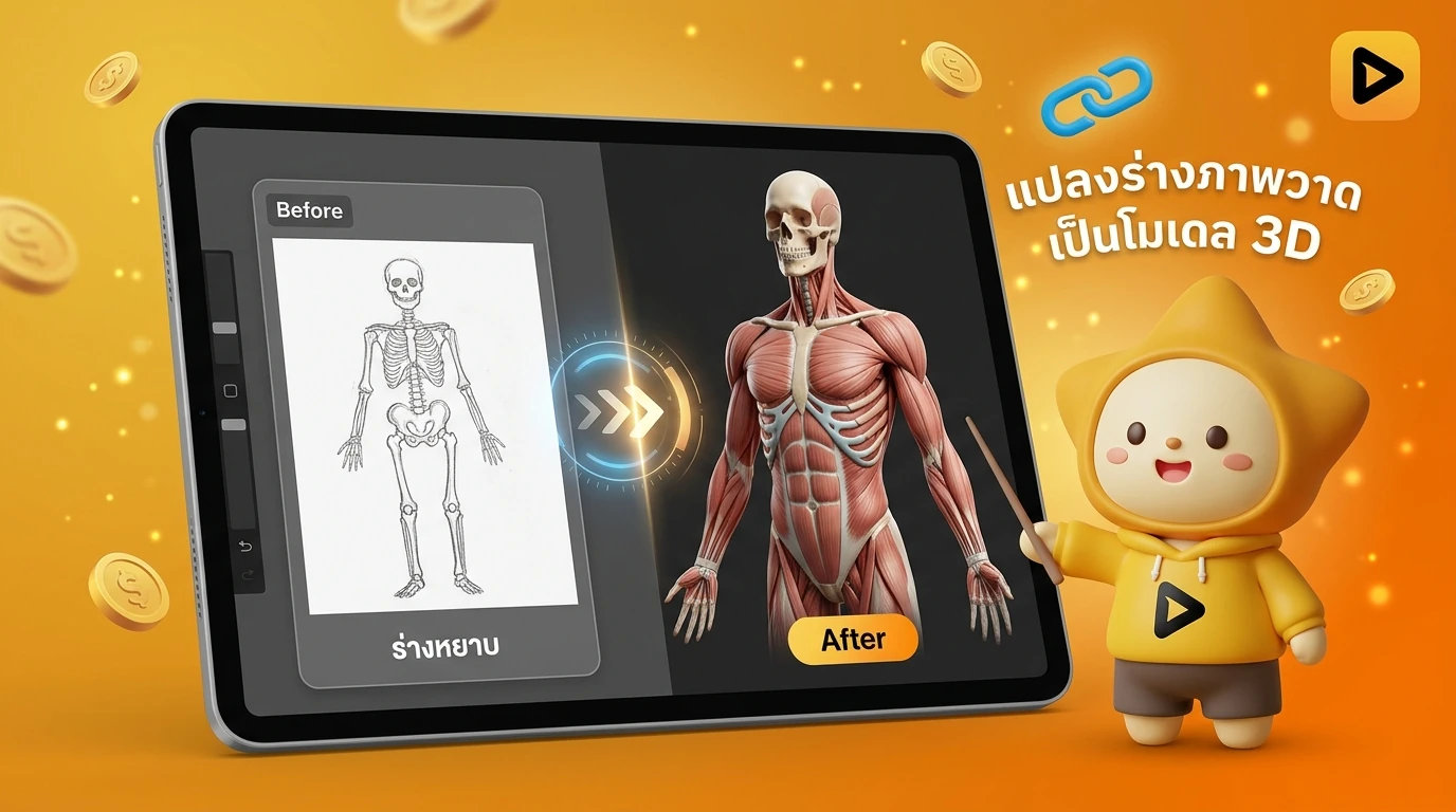 Mockup of AI Tablet screen showing Generative Sketch feature converting a rough drawing into a 3D anatomy model