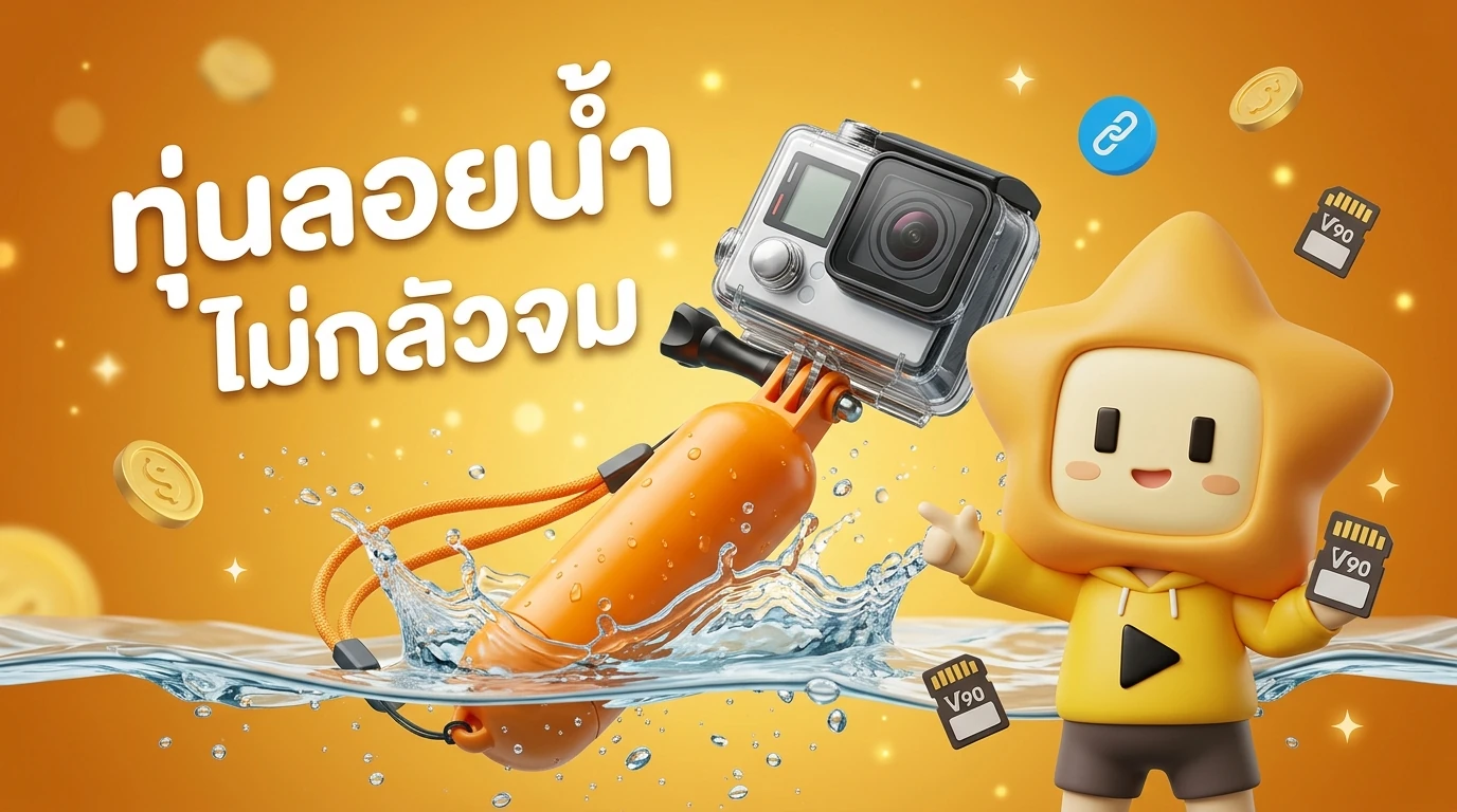 Action camera attached to a bright orange floating hand grip being used in a water festival