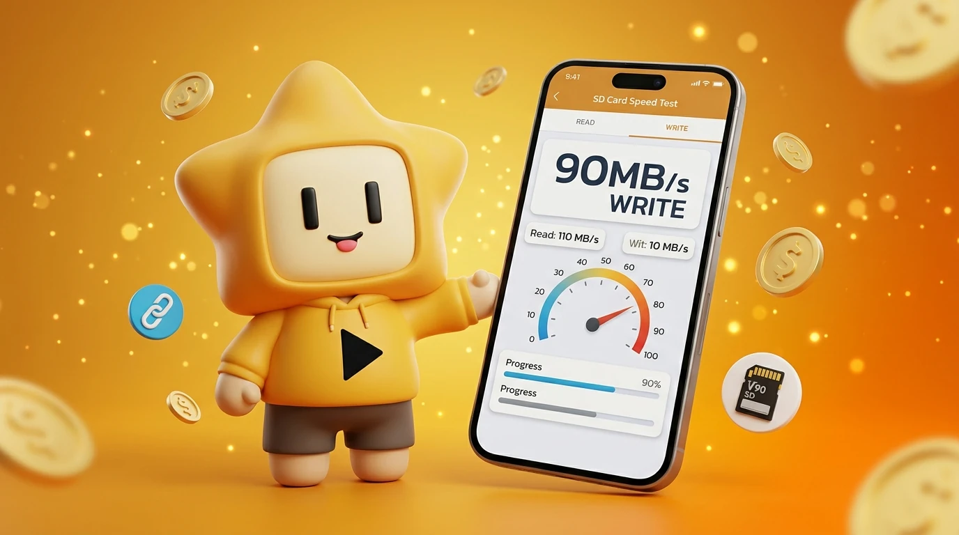 Screenshot of a mobile app testing SD card speed showing 90MB/s write performance
