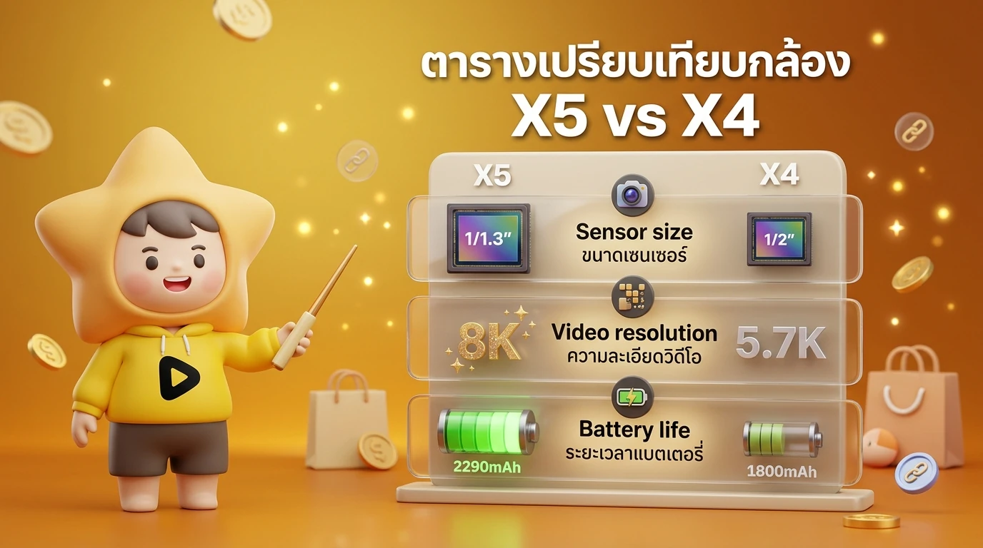 Infographic comparison table between Insta360 X5 and X4 showing Sensor size, Video resolution, and Battery life