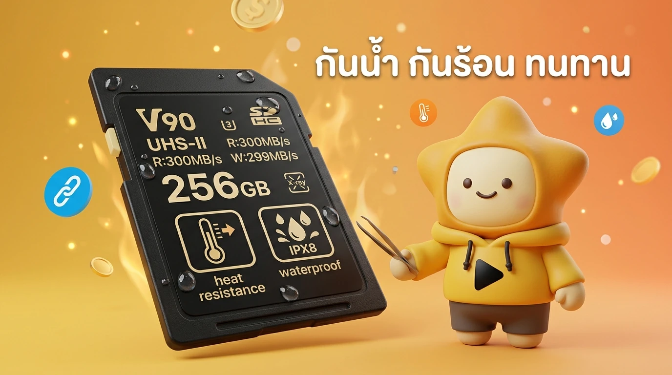 Close-up of a premium V90 SD card displaying heat resistance and waterproof icons