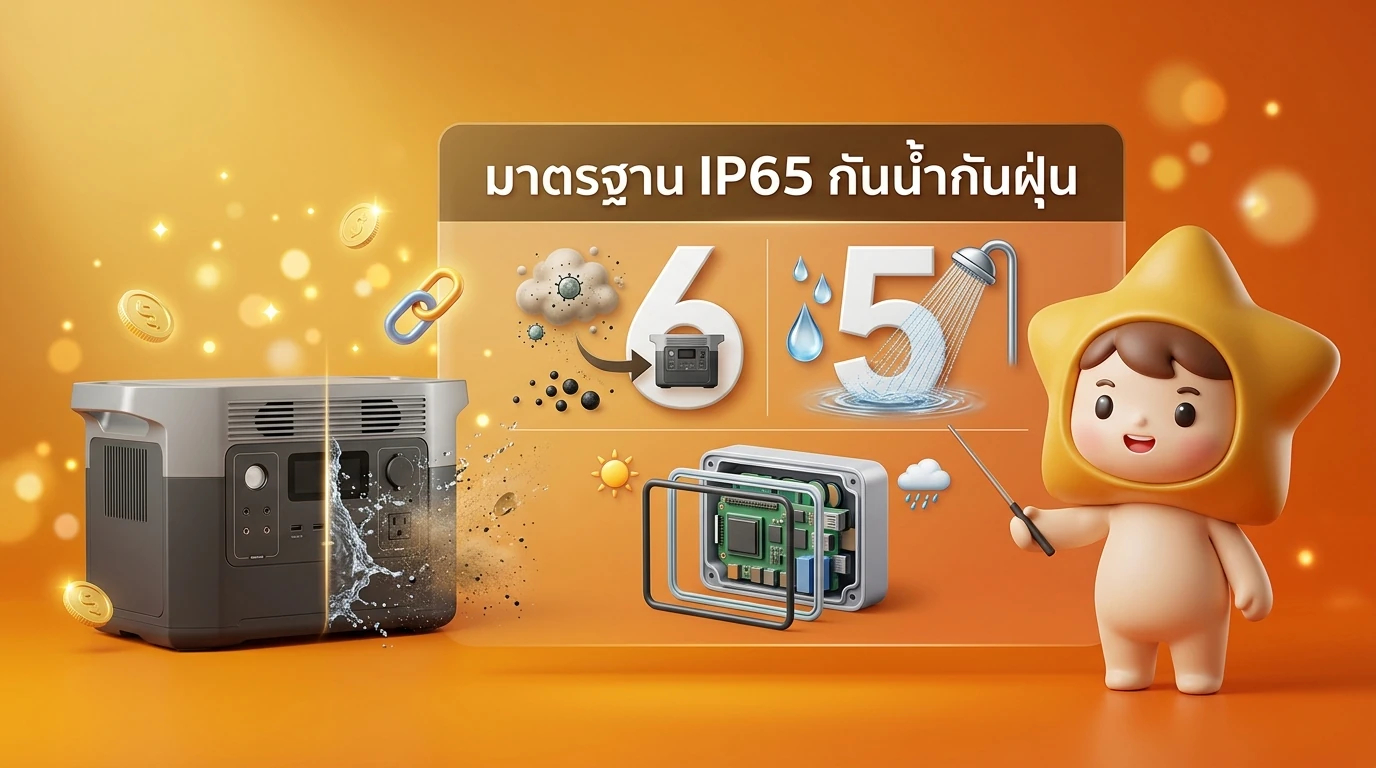 Infographic explaining IP65 rating with water and dust symbols for Power Stations