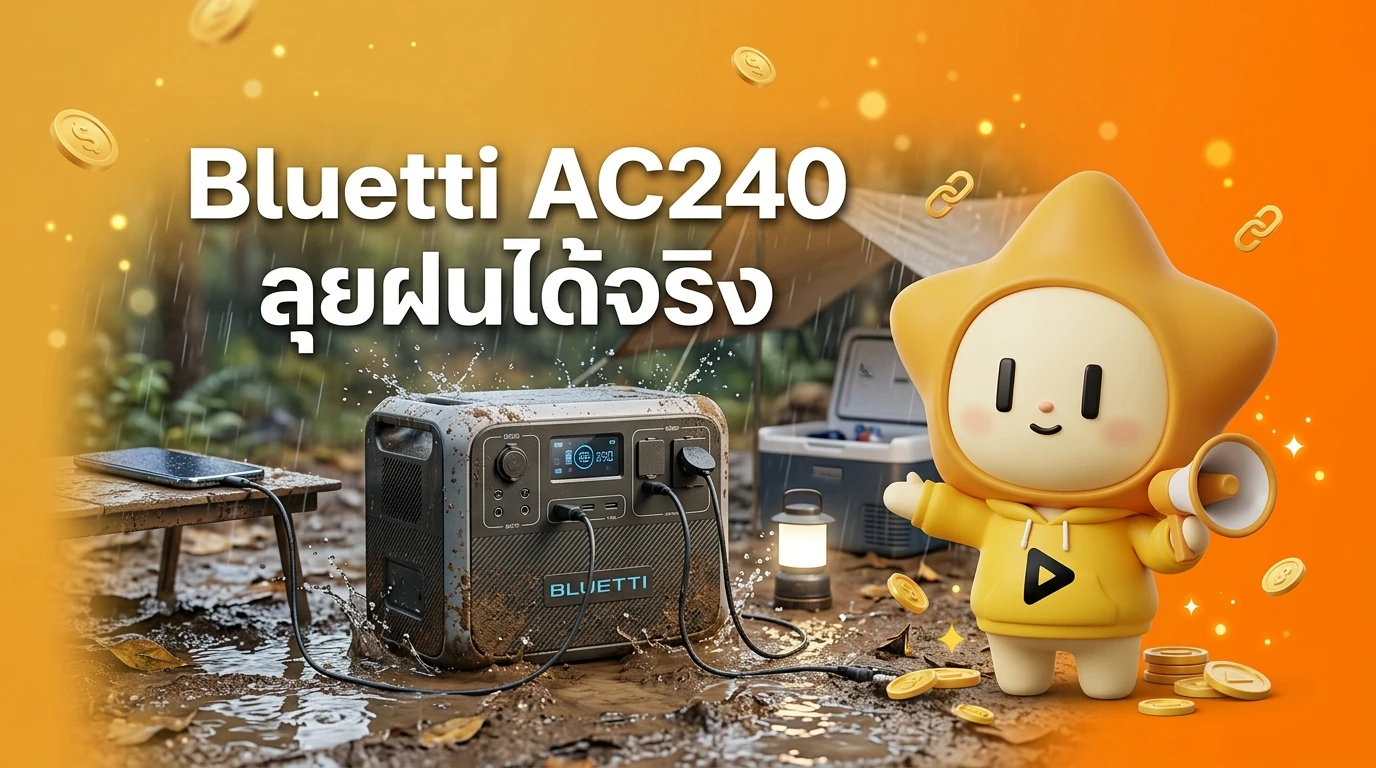 Bluetti AC240 being used in a rainy camping environment with mud and water splashes