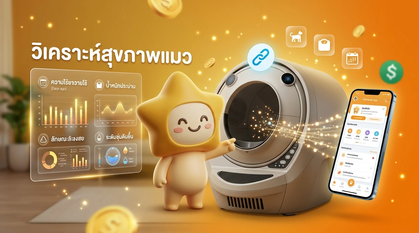Detailed infographic showing how a smart litter box analyzes pet health and sends data to a smartphone app, with a focus on its sleek 2026 design