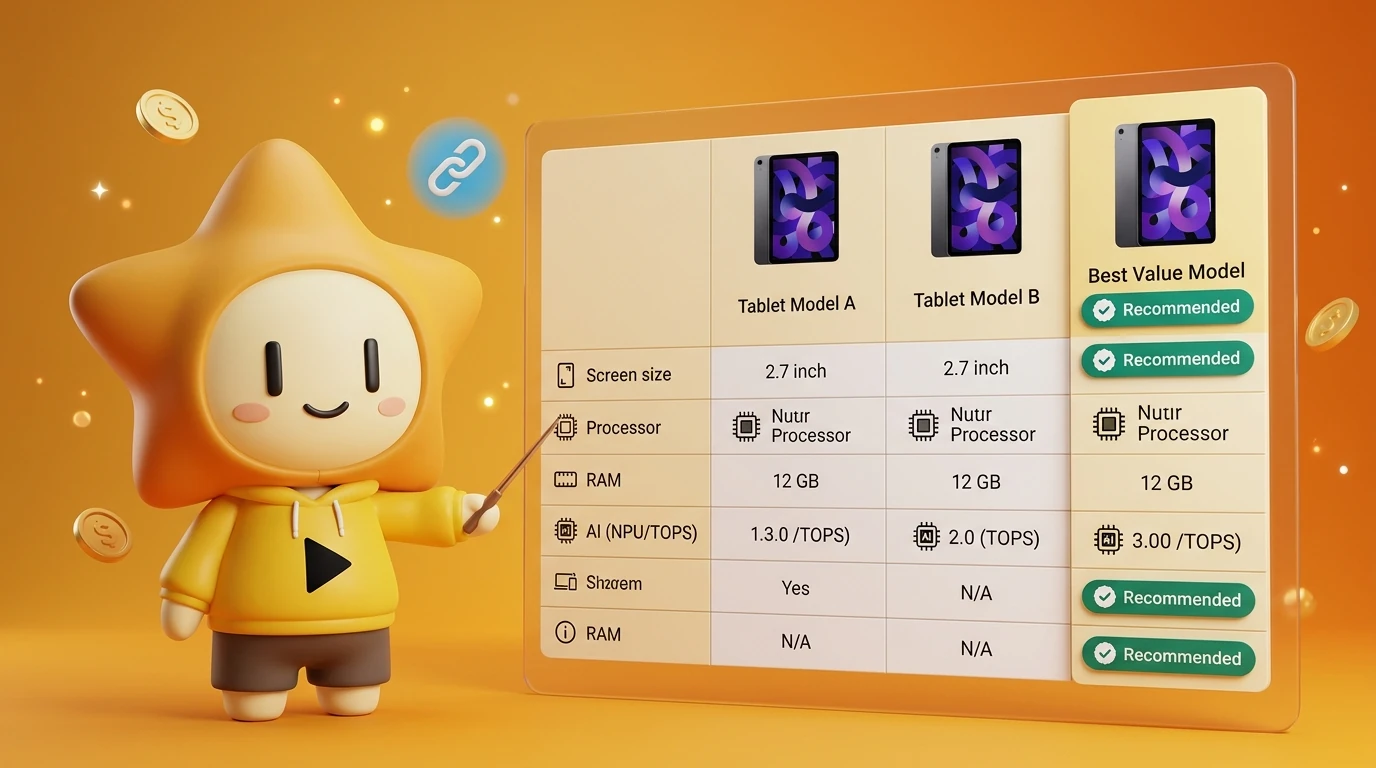 Nong Dee Jing 3D Mascot smiling and pointing at a comparison table of the latest tablets, with a "Recommended" badge on the best value model