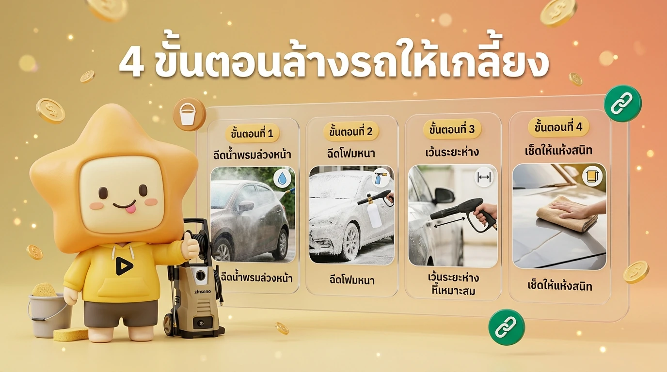 Infographic visual style showing the 4-step car washing technique: Pre-soak, Snow Foam, Proper Distance, and Finishing dry, featuring Nong De Jink giving a thumbs up.