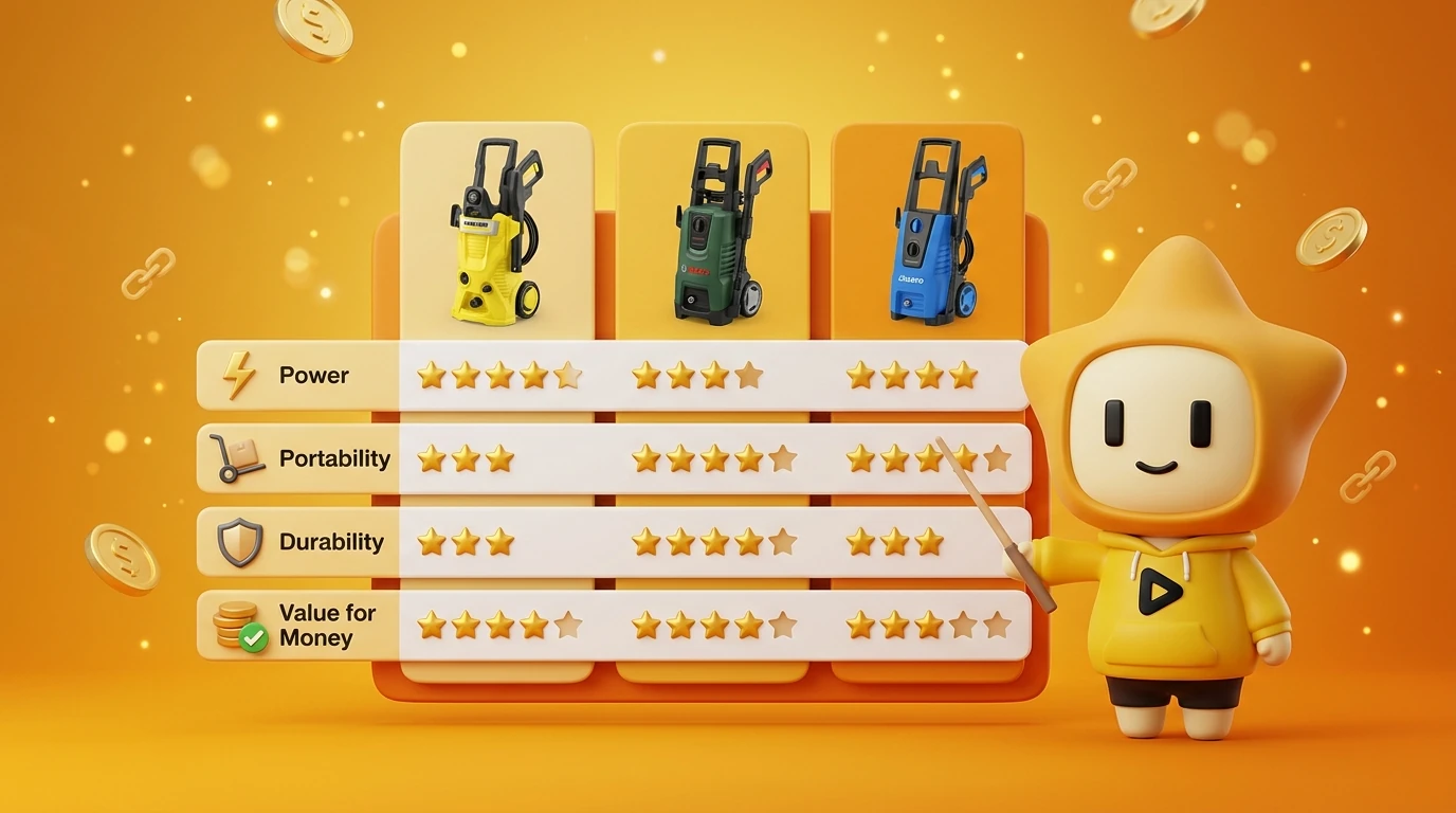 Comparison summary chart showing the three products side-by-side with star ratings in categories: Power, Portability, Durability, and Value for Money.