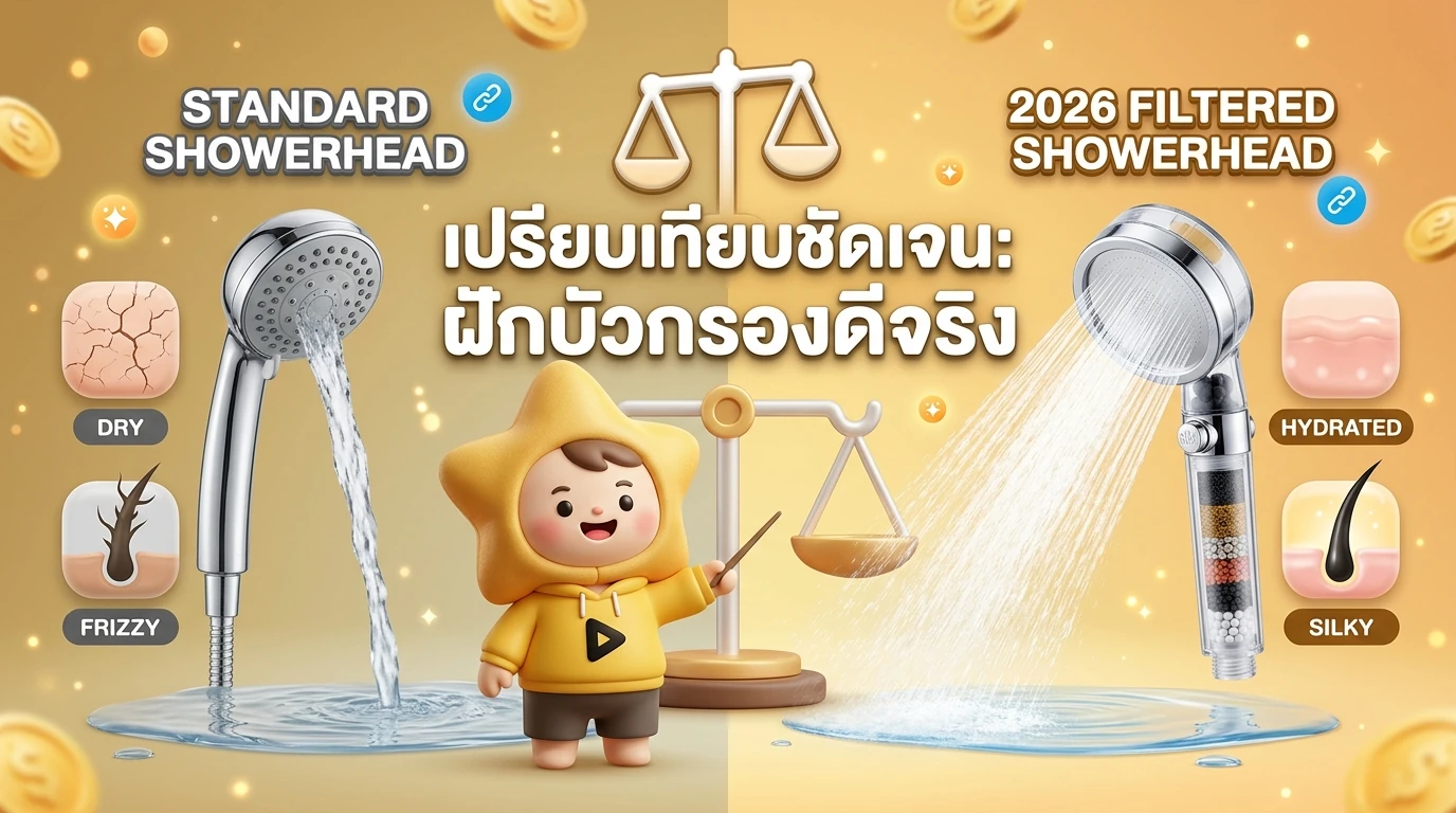Comparison infographic showing 'Standard Showerhead' vs '2026 Filtered Showerhead' with icons representing skin hydration and hair texture
