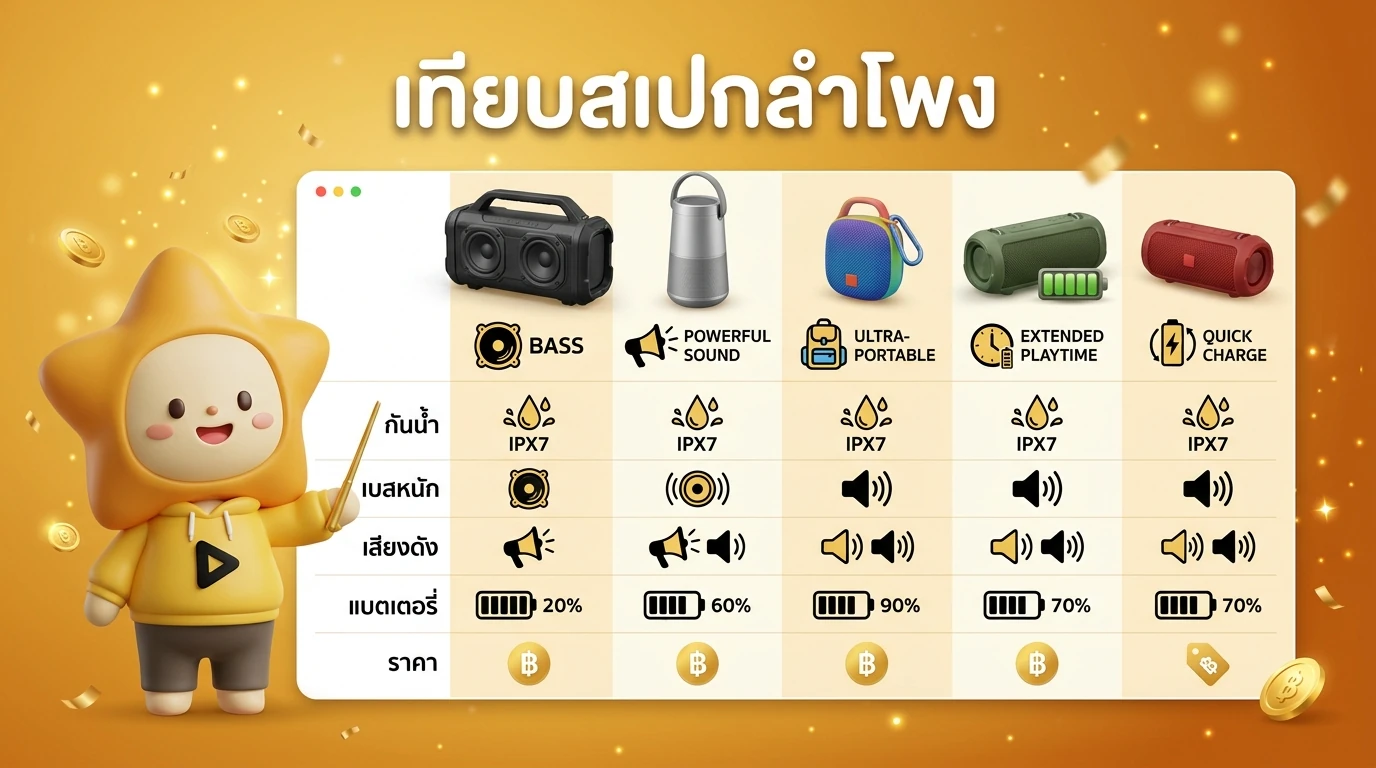 Comparison table graphic with icons representing each speaker and their key features