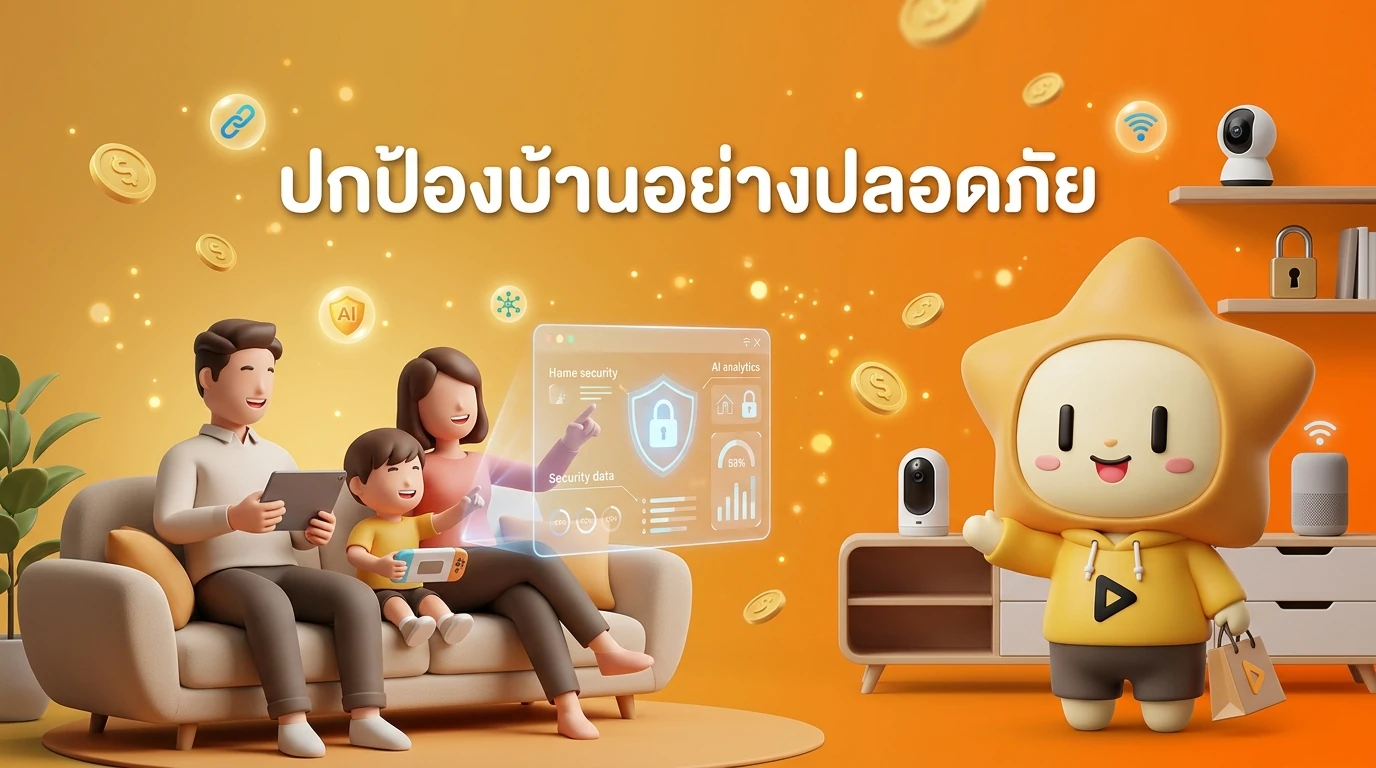 Final lifestyle shot showing a happy family in a modern smart home with the "Nong Dee Jing" mascot 3D character smiling in the corner