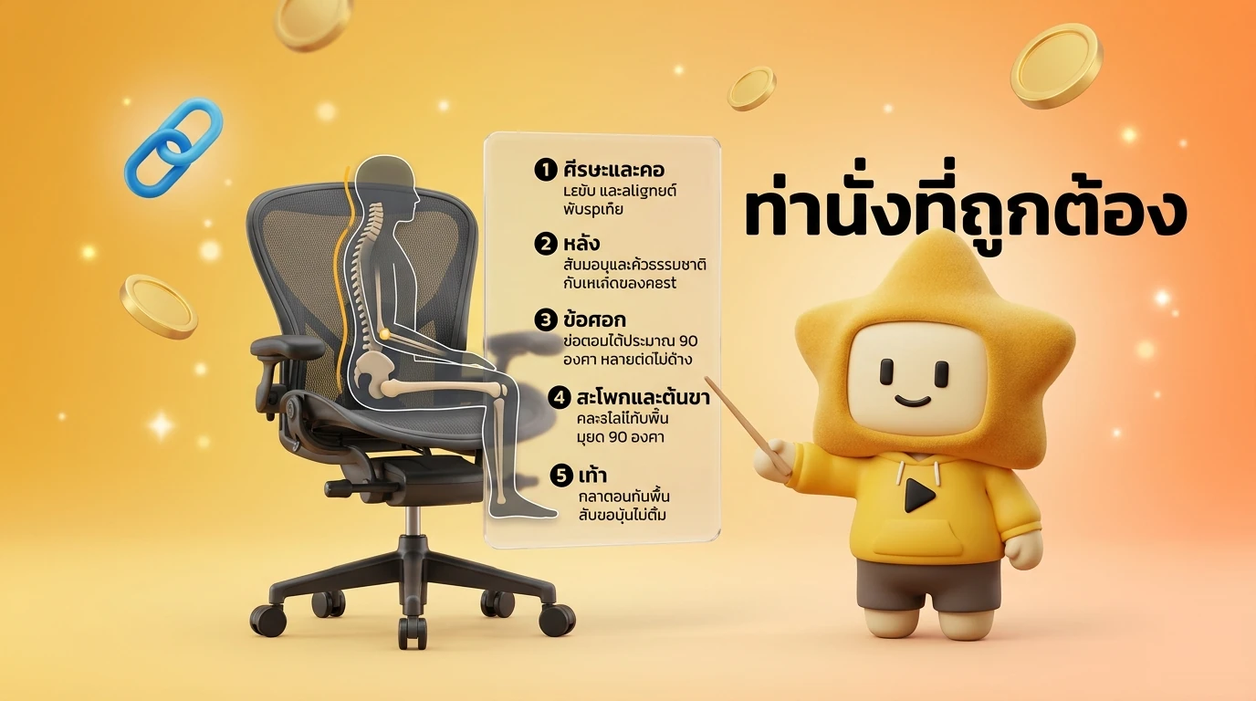 Detailed illustration showing 5 points of a correct sitting posture on an ergonomic chair