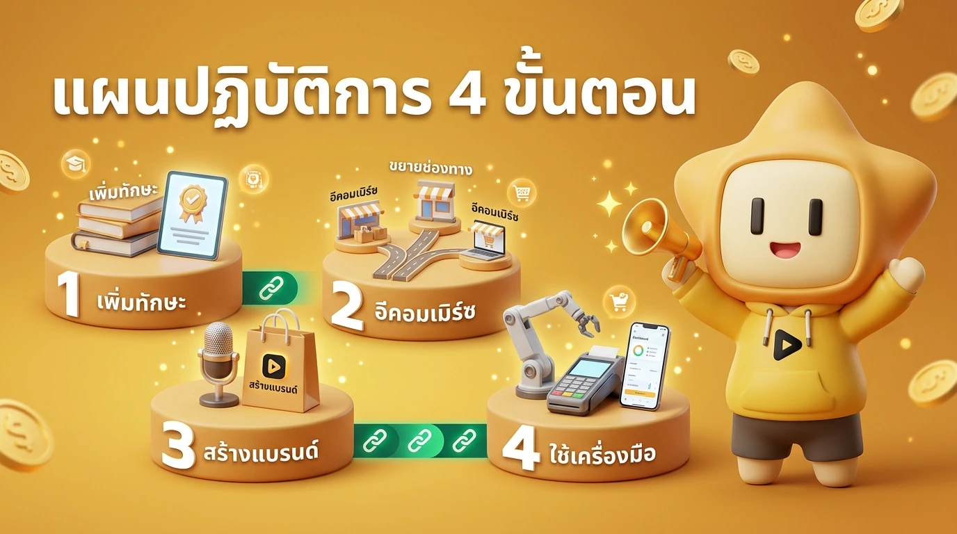 Infographic visual of the 4-step Action Plan: 1. Upskill 2. Diversify 3. Brand Building 4. Tools Adoption with 'Nong Dee Jing' mascot cheering
