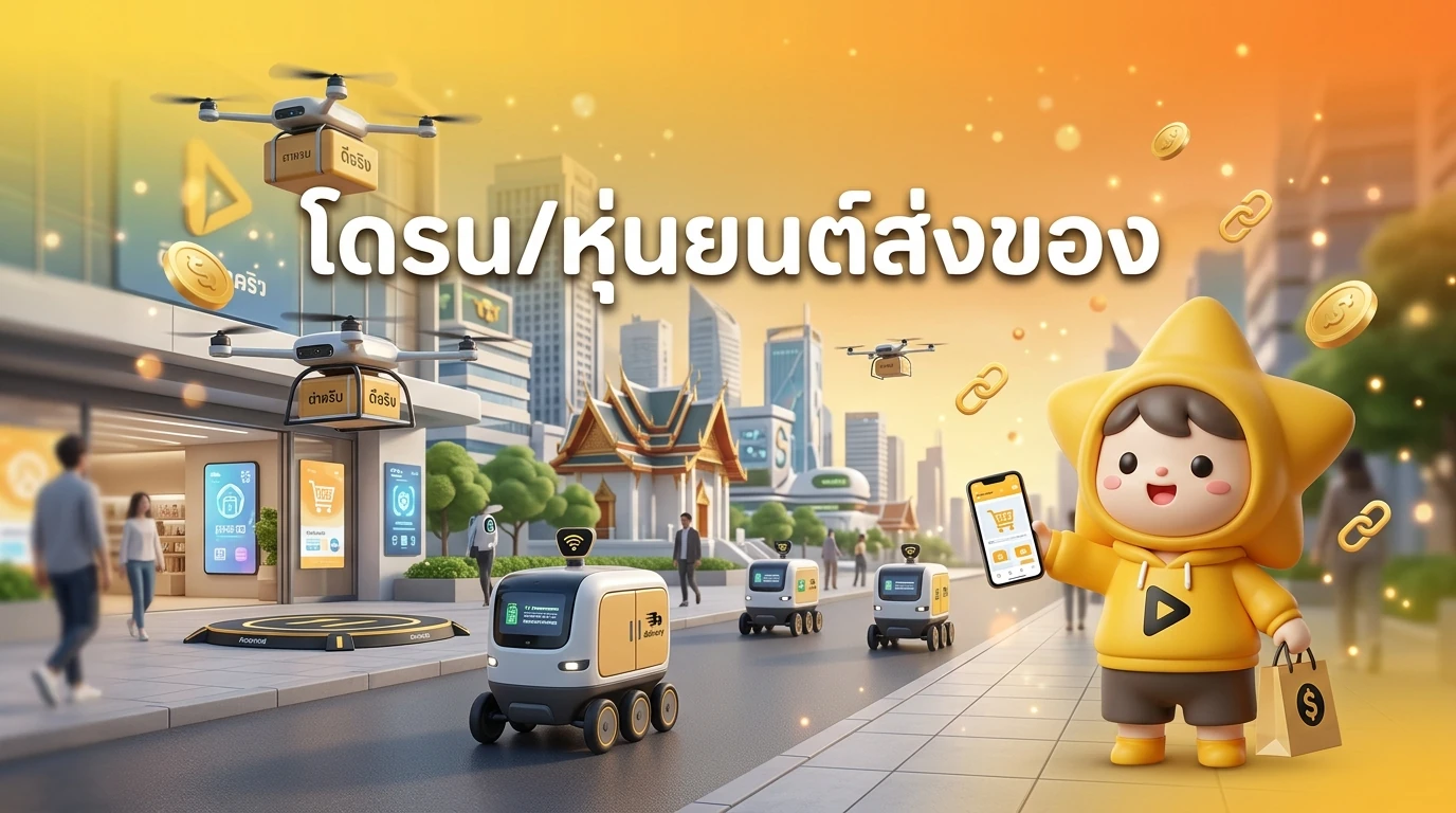 A futuristic city scene in Thailand with delivery drones and small delivery robots moving on the sidewalk near a shopping mall