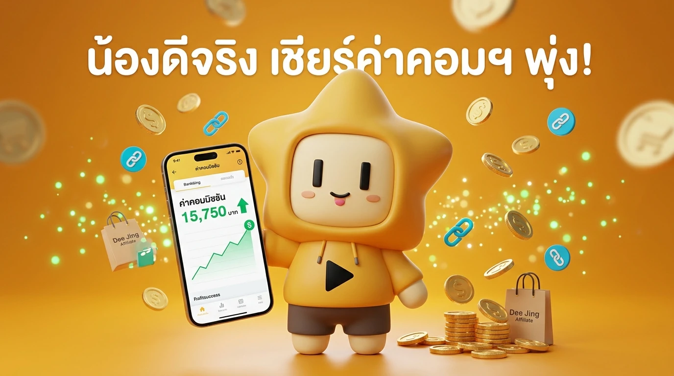 Nong Dee Jing Mascot cheering with a smartphone showing commission balance growing