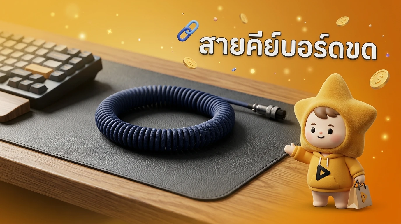 Close-up of a coiled keyboard cable and a PU leather desk mat on a wooden desk
