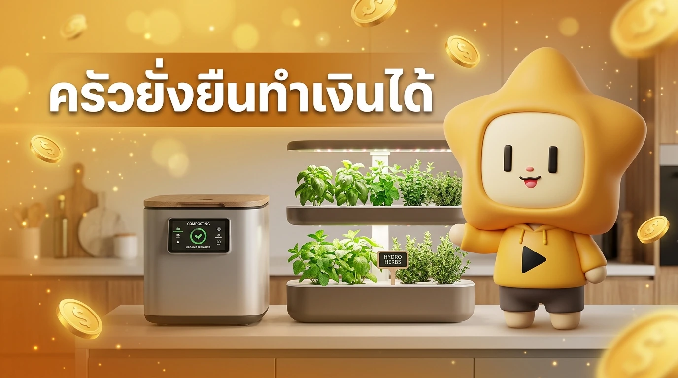 A modern sustainable kitchen featuring a smart indoor composter and a stylish hydroponic herb garden