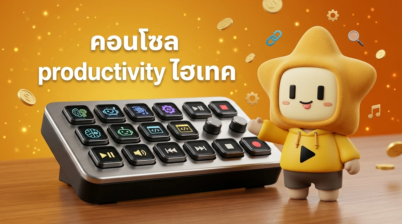 High-tech productivity console with a small OLED screen on each button, showing icons for AI tools and media controls.