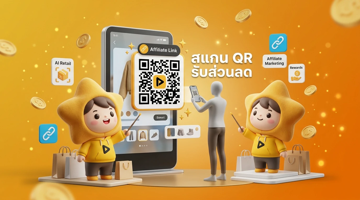 Screenshot mockup of a customer using a Smart Mirror in a shopping mall with an Affiliate QR Code popping up