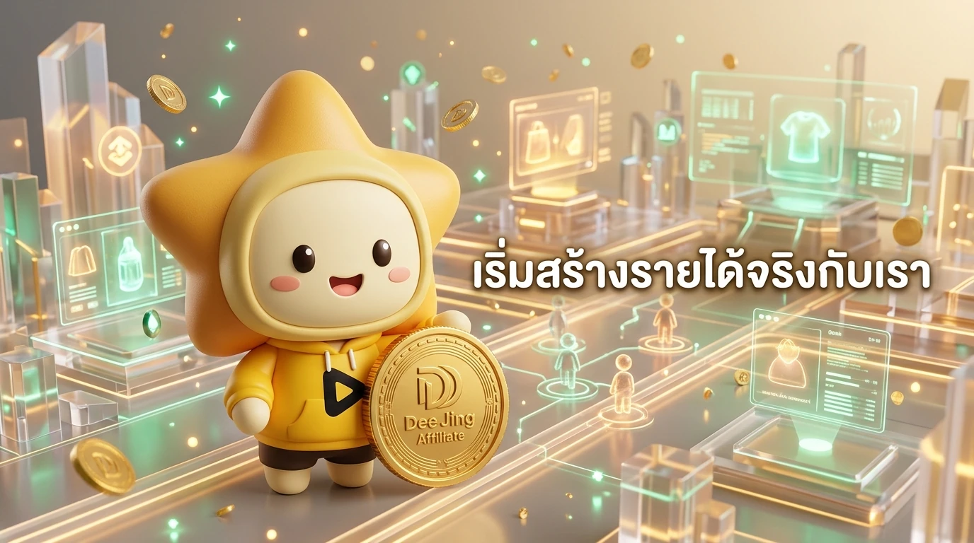 Final call-to-action image showing "Nong Dee Jing" mascot holding a golden coin with a background of a futuristic digital marketplace