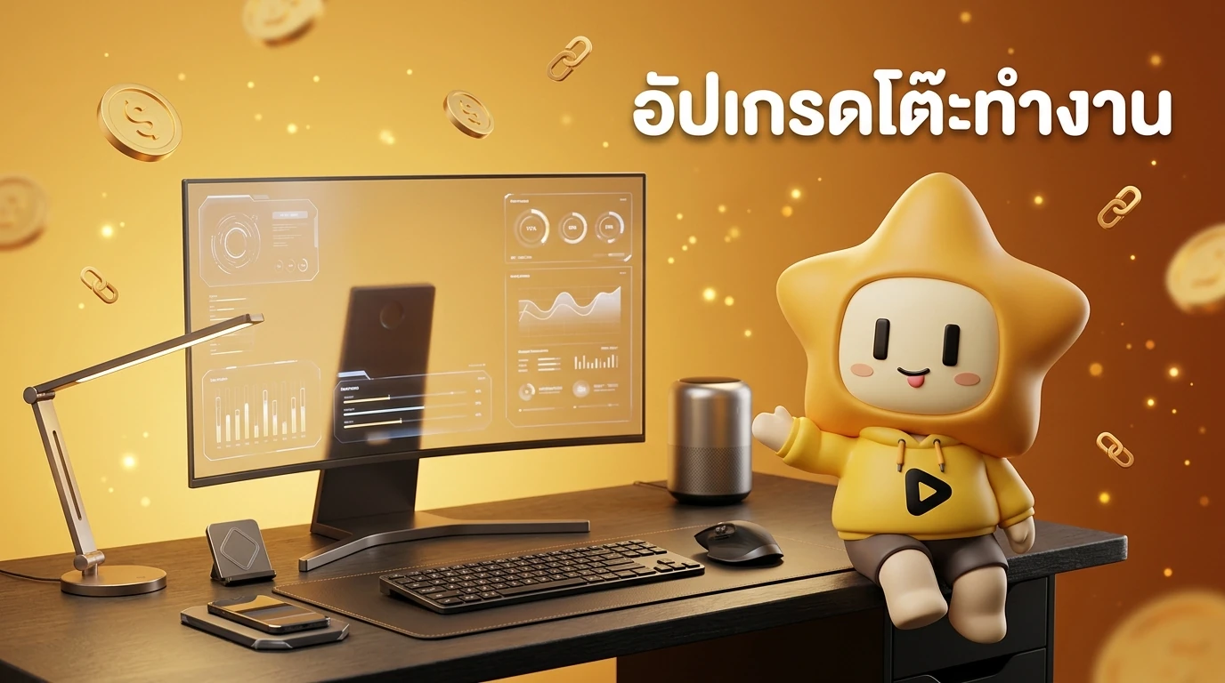 A futuristic and clean desk setup for 2026 with 3D elements, featuring a minimalist aesthetic with warm lighting and "Nong D-Jing" mascot icon nearby.