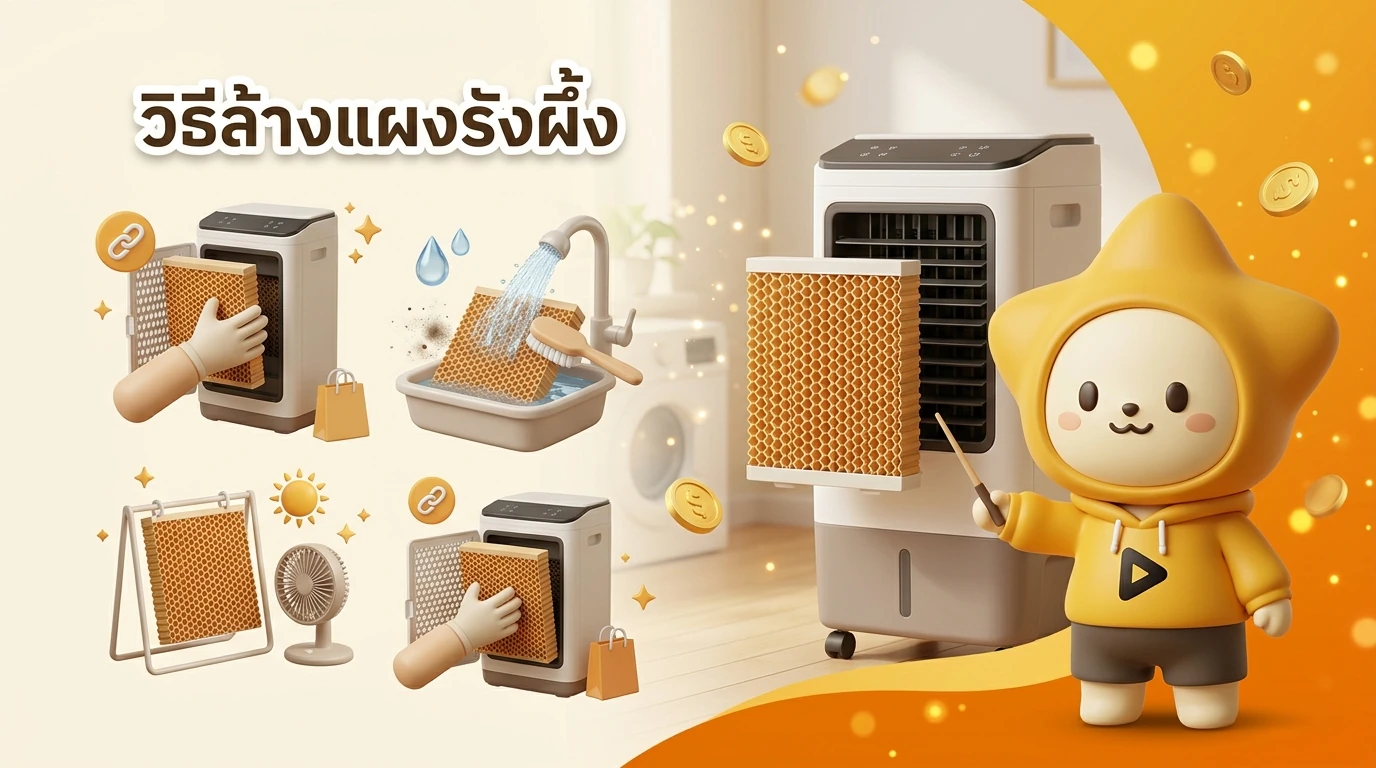 Step-by-step infographic showing how to clean air cooler cooling pads correctly