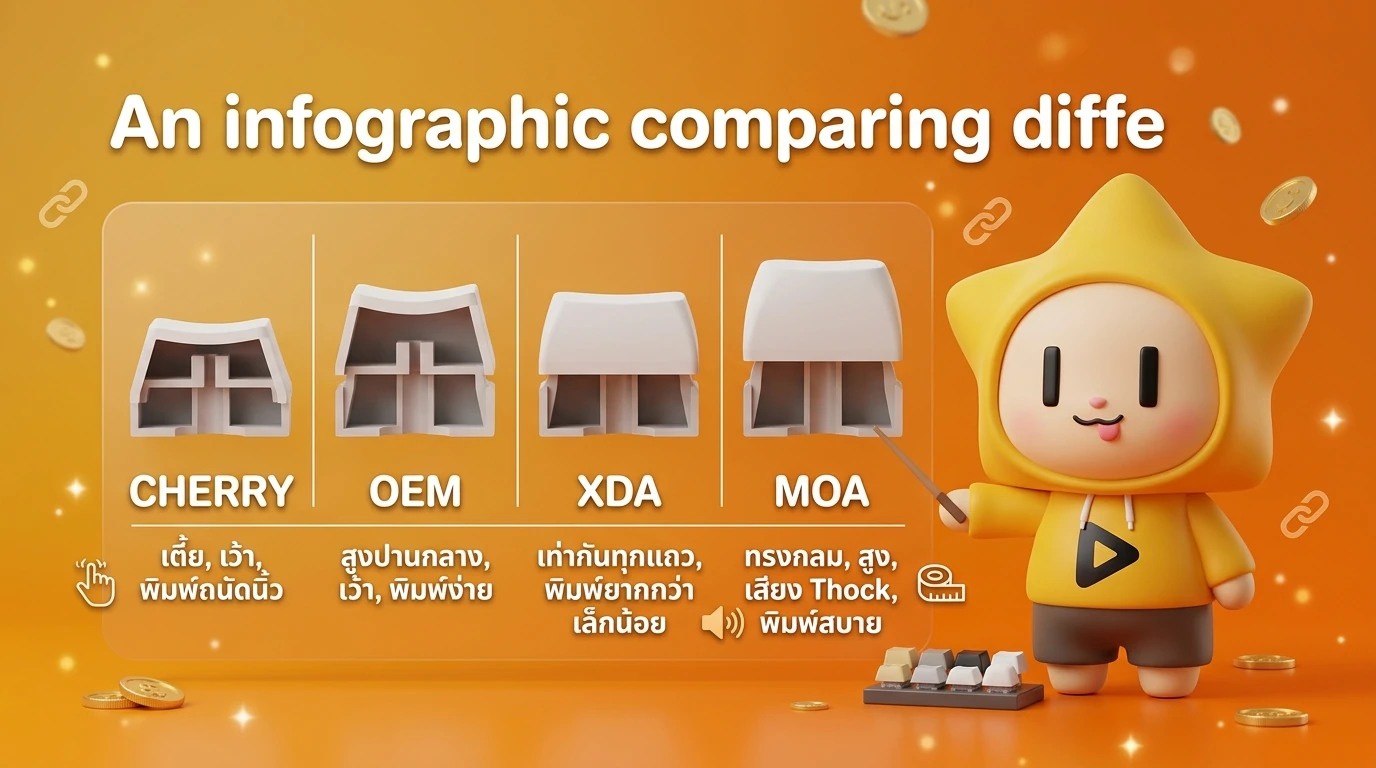 An infographic comparing different keycap profiles Cherry, OEM, XDA, MOA with descriptions of their height and typing feel.