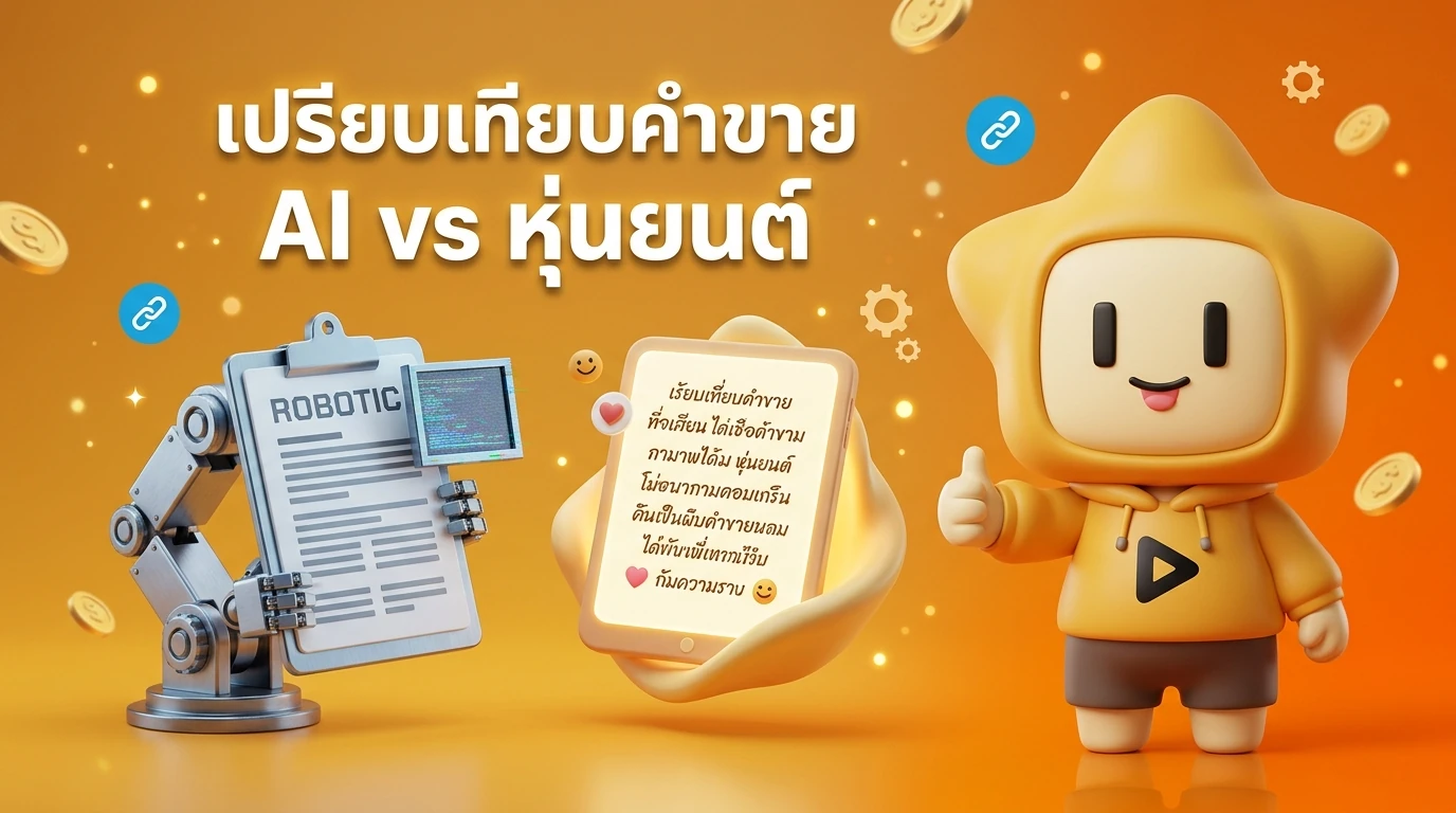 Comparison visual between Robotic Sales Copy and Human-Centric AI Copy with "Nong Dee Jing" mascot giving a thumbs up