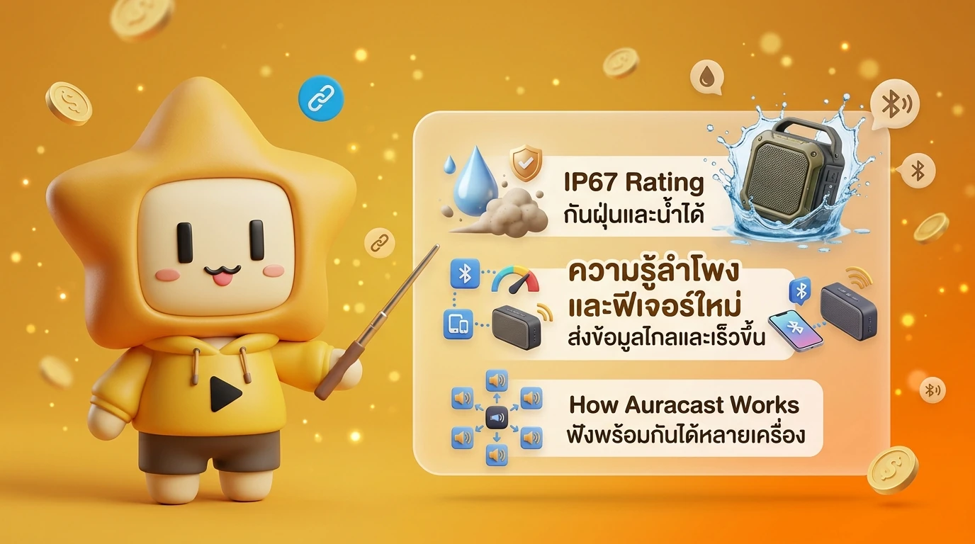 Infographic explaining IP67 rating, Bluetooth 5.4 features, and how Auracast works in a simple visual way
