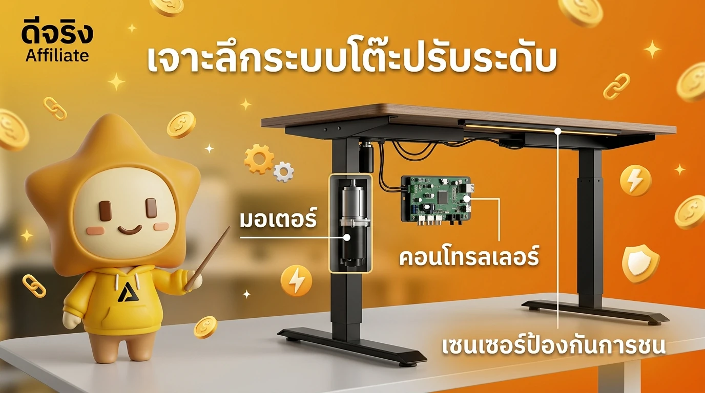 Detailed infographic of a standing desk anatomy, highlighting the motor, controller, and anti-collision sensor