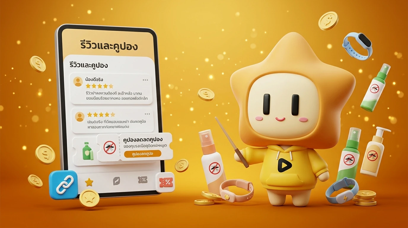 Screenshot mockup of the 'Dee Jing Affiliate' platform showing user reviews and discount coupons for mosquito repellents