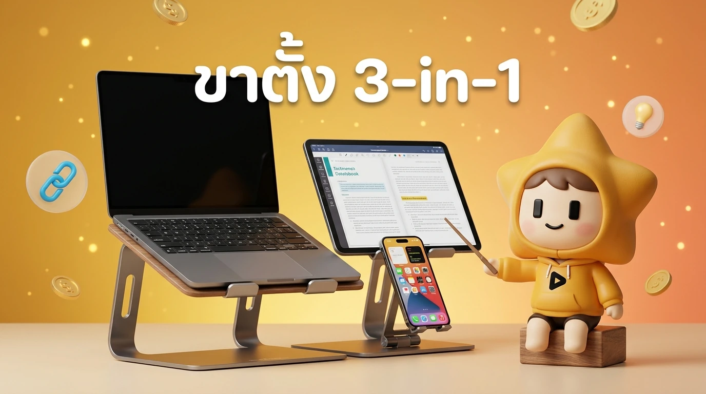 Showcase of a 3-in-1 modular ergonomic stand holding a laptop, tablet, and phone at correct eye levels