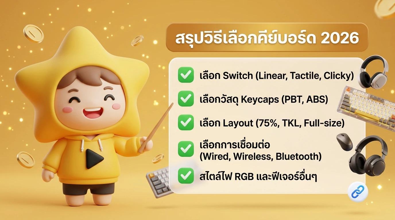 Final summary image showing "Nong Dee Jing" mascot smiling next to a checklist of "How to choose a keyboard in 2026" with a golden yellow/orange theme.