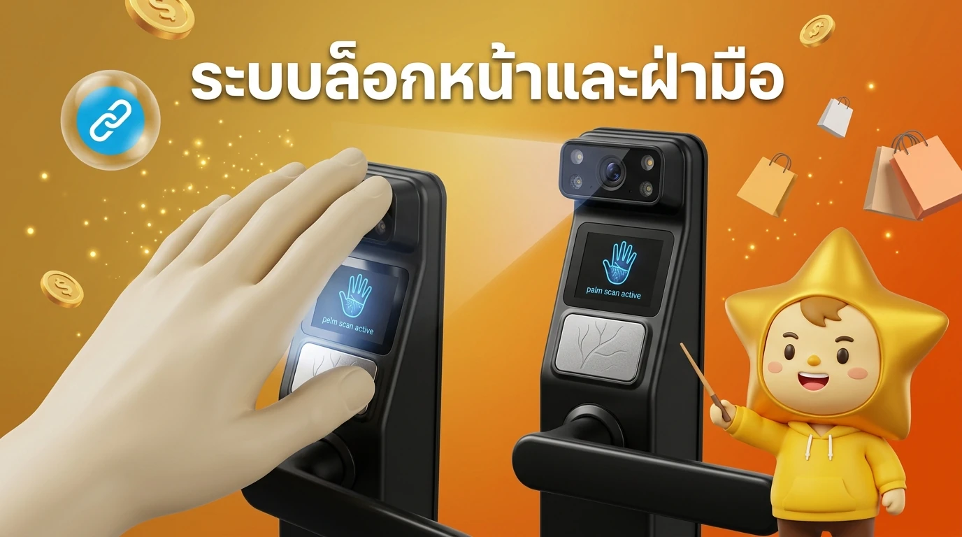 Close-up of a high-tech Smart Door Lock showing a person using 3D Face Recognition and Palm Vein scan