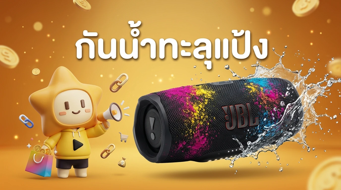 High-quality product photo of JBL Charge 6 being splashed with water and covered in some colorful powder