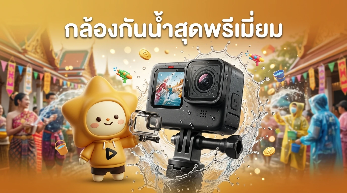 Professional shot of a high-end Action Cam being splashed with water in a vibrant Songkran festival setting
