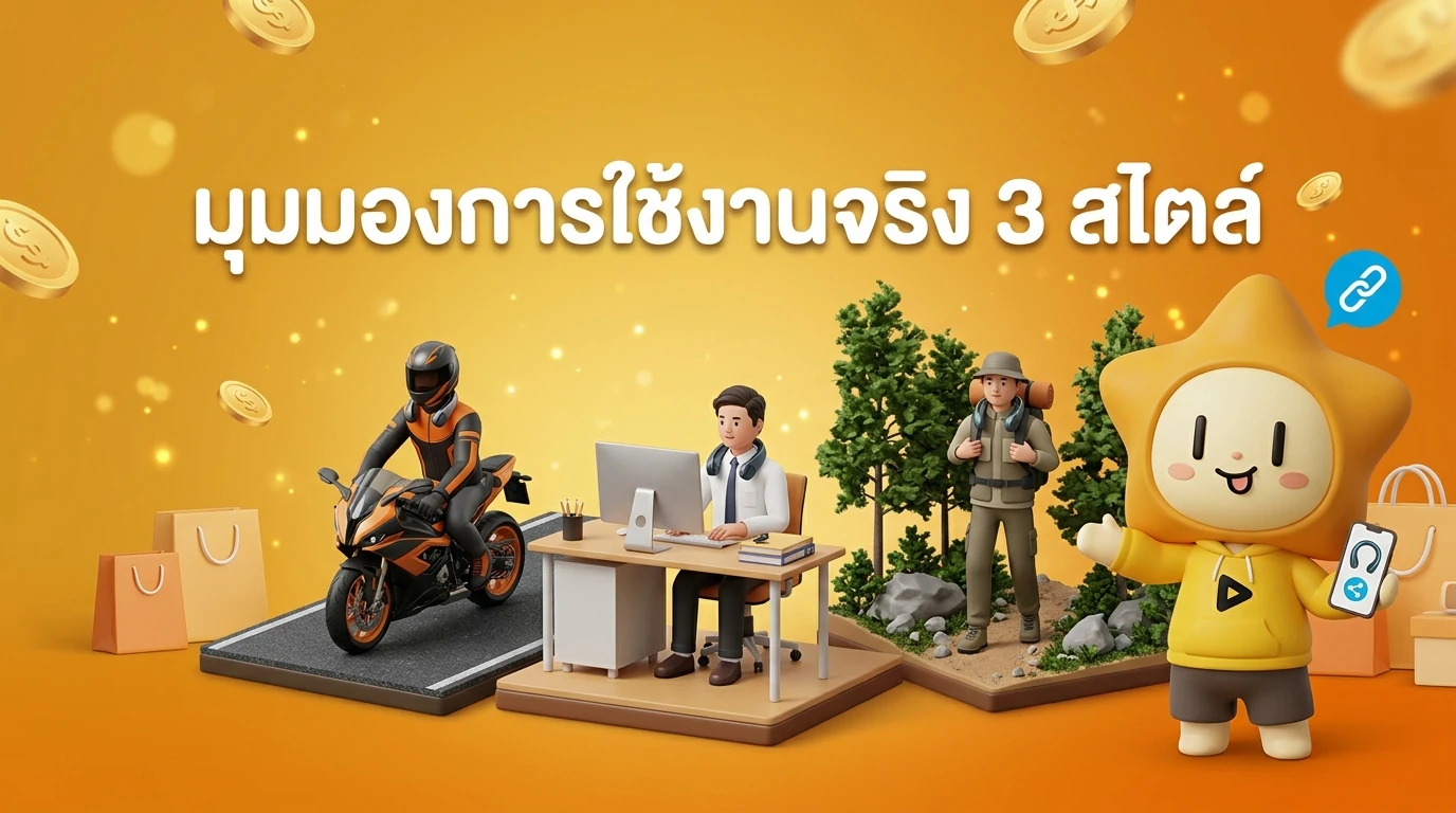 A lifestyle shot showing three different people a rider, an office worker, and a hiker all wearing the neck fan in their respective environments.