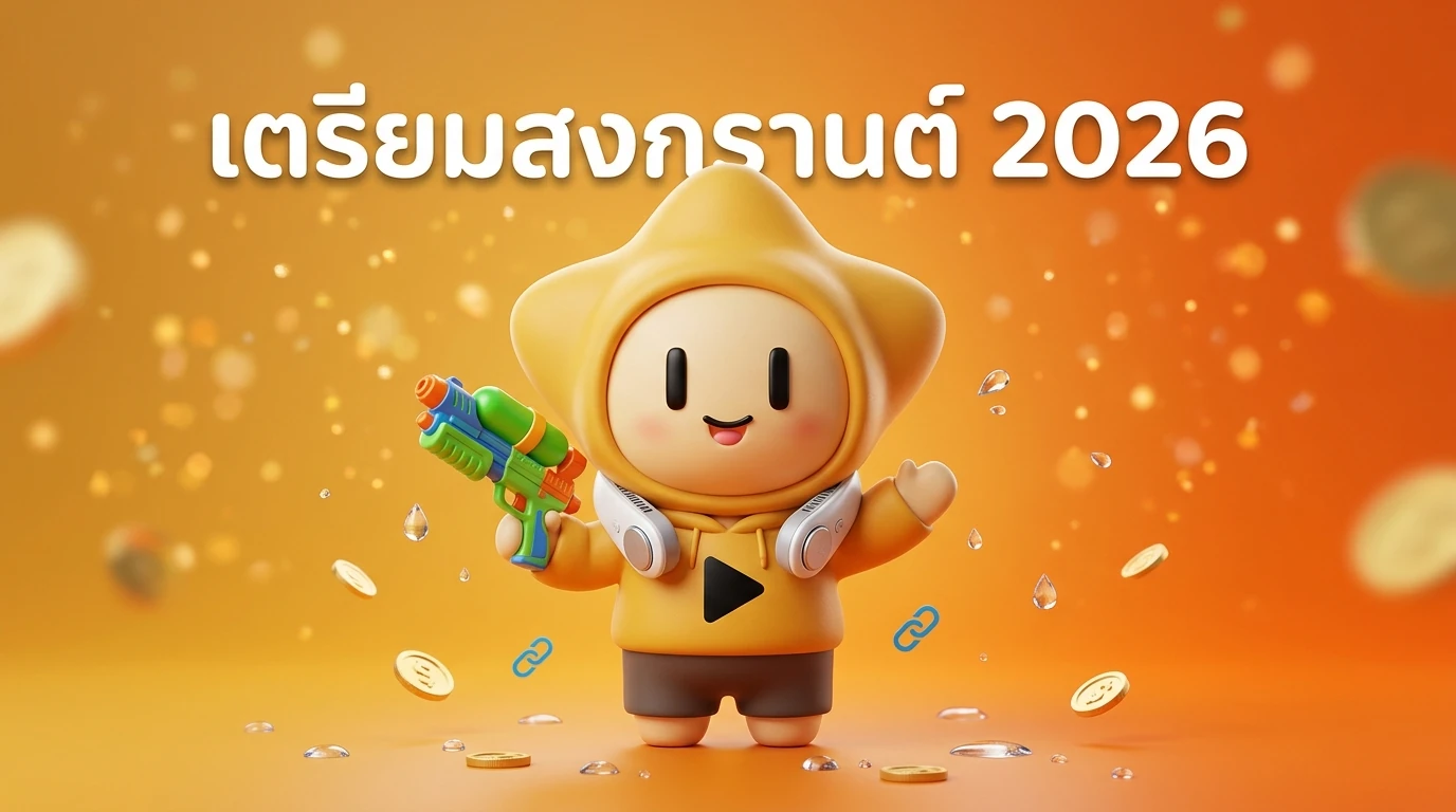 Happy 3D Mascot "Nong Deejing" holding a water gun and wearing a neck cooler, smiling at the camera