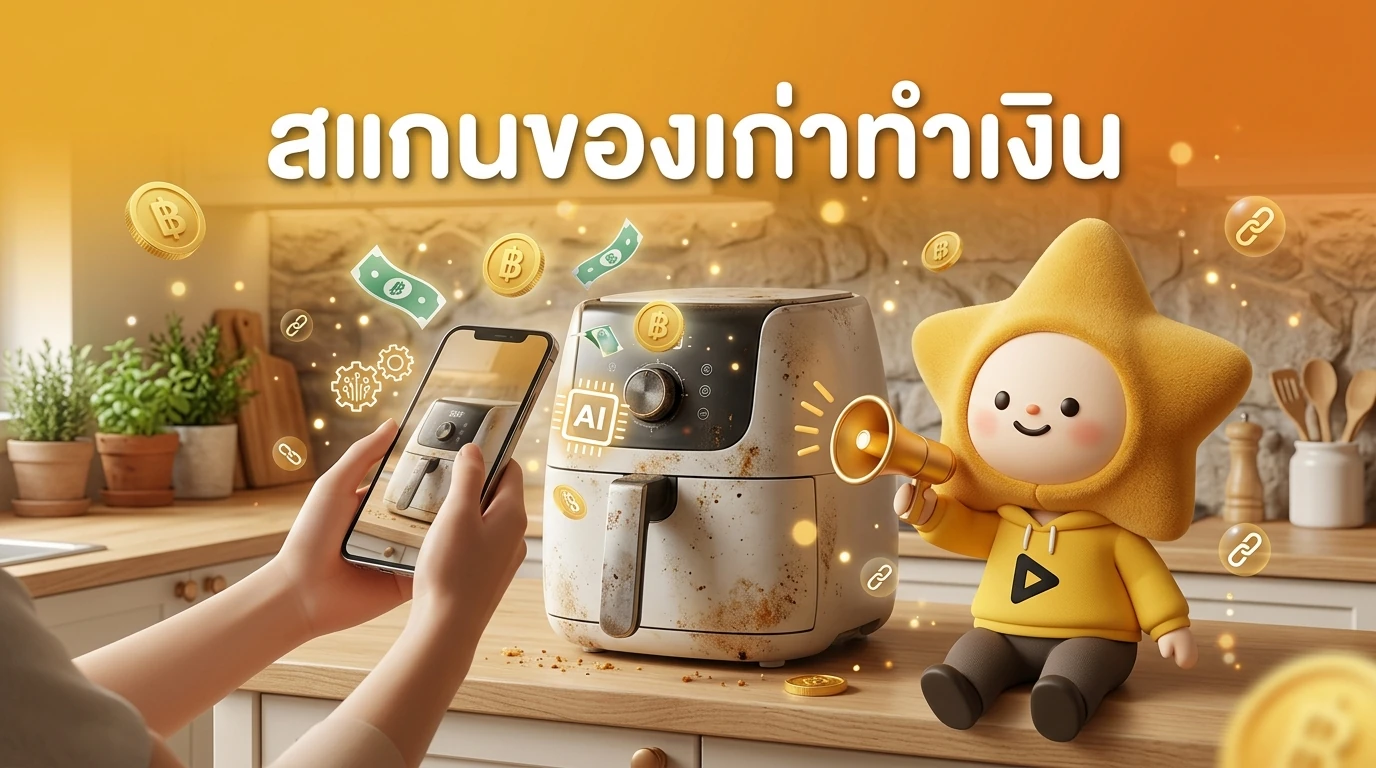 A person using a smartphone to scan a well-used air fryer in a cozy kitchen, with digital icons of money and AI symbols floating around
