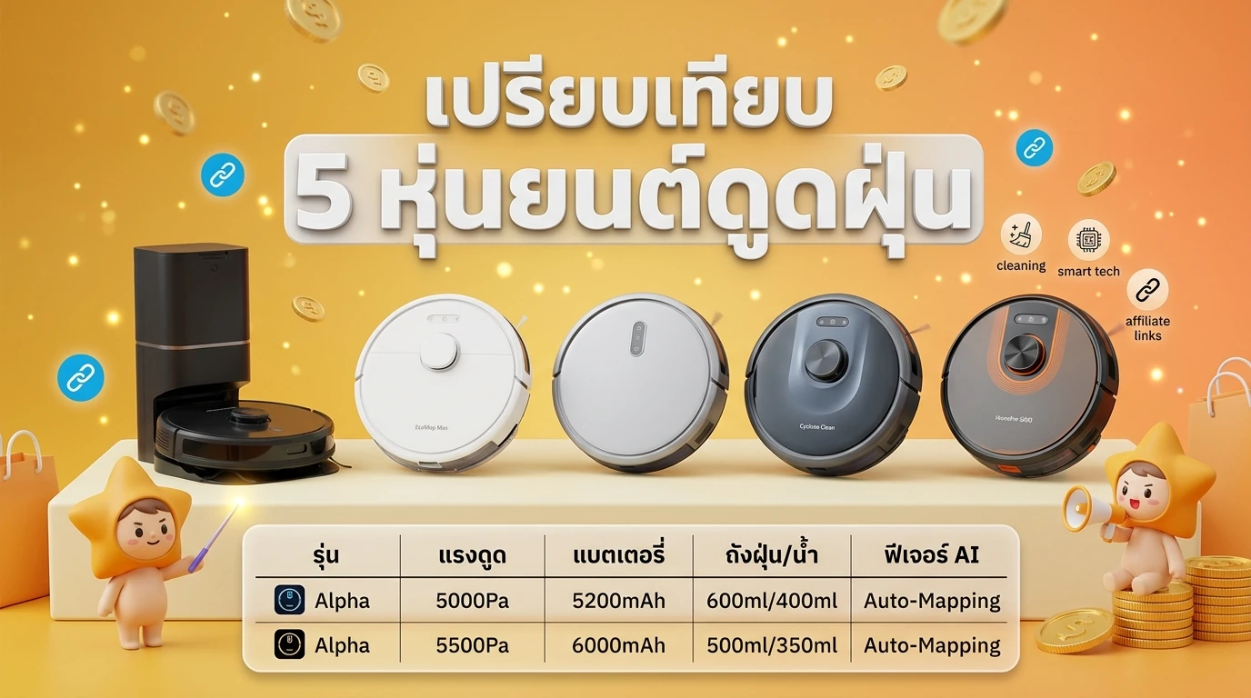Comparison photo of 5 robot vacuum models side by side with a table of key specifications