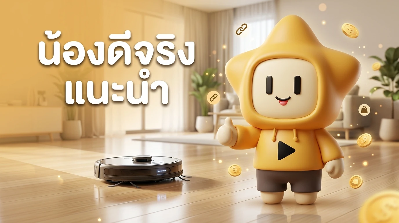 Mascot "Nong Dee Jing" Yellow star hood giving a thumbs up next to a clean, shiny floor with a robot vacuum in the background, showing a friendly and professional brand identity.