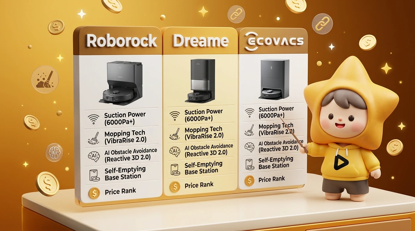 Comparison table graphic with logos of Roborock, Dreame, and ECOVACS for easy reading