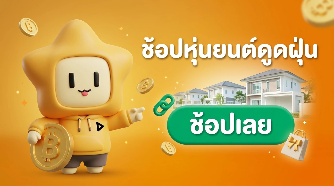 Mascot "Nong Dee Jing" holding a gold coin and pointing to a "Shop Now" button with a background of clean houses