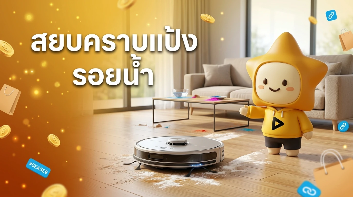A clean, modern living room after a messy Songkran party, with a high-tech robot vacuum cleaning white flour stains on the floor.