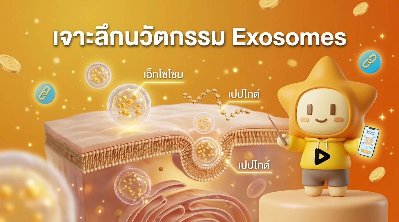 Close-up visualization of Exosomes and Peptides interacting with skin cells