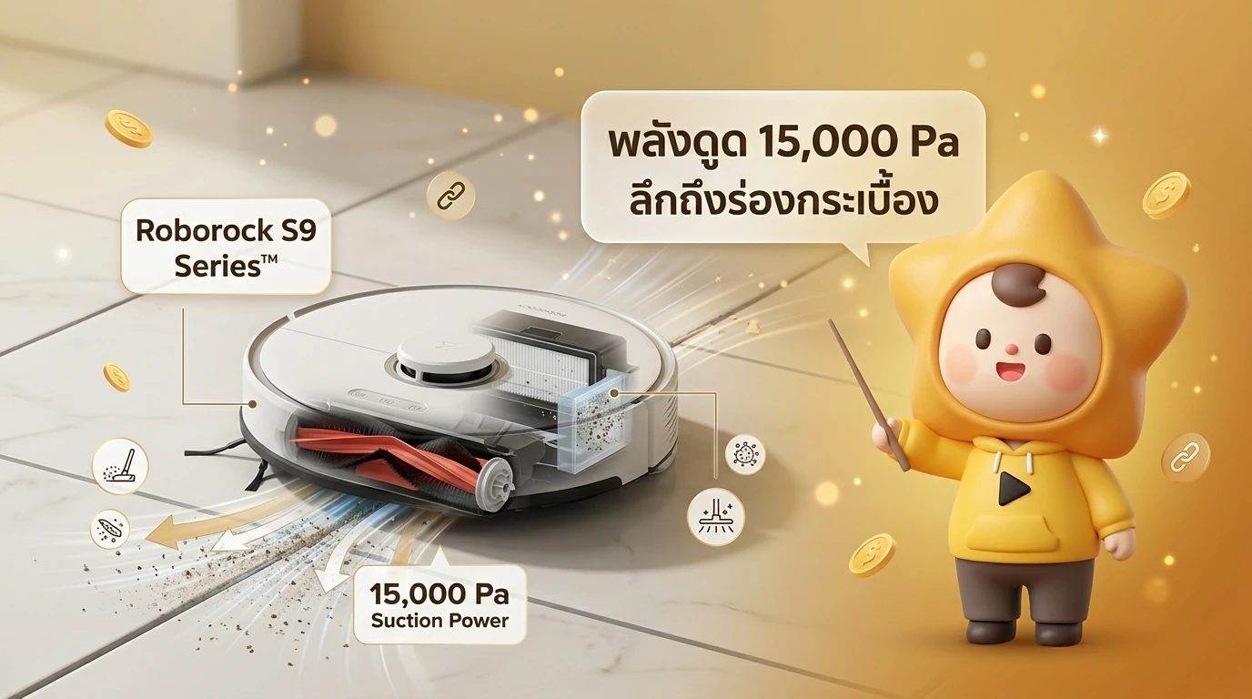 Infographic showing Roborock S9 Series with 15,000 Pa suction power cleaning deep grooves of tiles